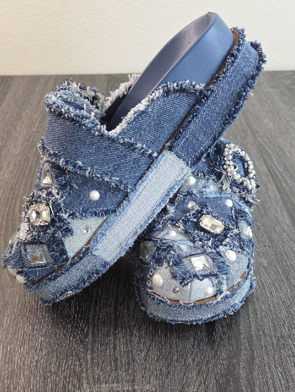 Gianni Bini Denim Embellished Slip-On Slides Clogs Mules- Blue Embellishments.